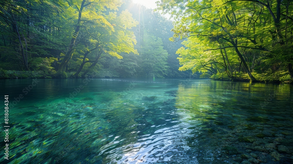 Obraz premium Nature's Beauty: A breathtaking landscape featuring a lush forest with a crystal-clear river flowing through it. The vibrant colors of the trees and the serene water create a sense of tranquility and 