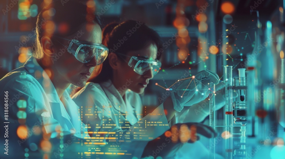 Biotech engineers collaborating on a project, overlaid with financial growth charts and partnership agreements Biotech engineers collaborating on a project, overlaid with financial growth charts and partnership agreements