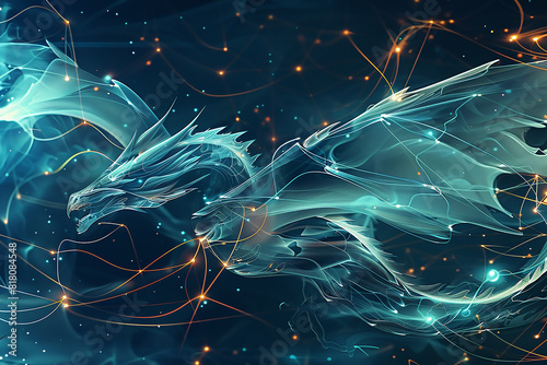 An abstract dragon with flowing forms, flying through a dark blue background with glowing neon lines and nodes that represent artificial intelligence. © art design