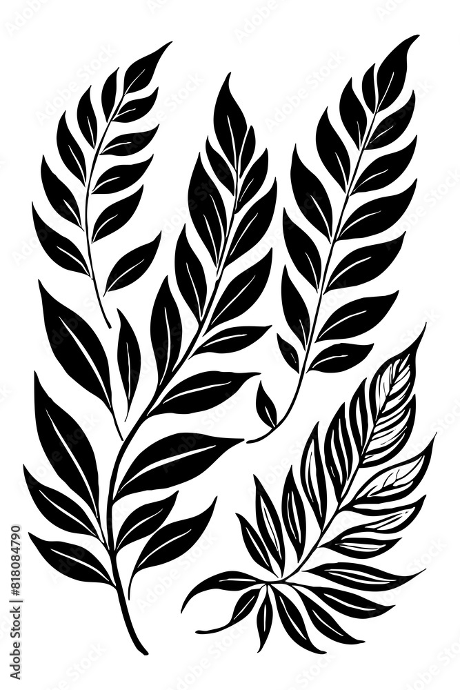 Leaves . Black and white botanical pattern. For use in graphics, materials. Abstract plant shapes. Minimalist illustration for printing on wall decorations. Generated by Ai Leaves . Black and white botanical pattern. For use in graphics, materials. Abstract plant shapes. Minimalist illustration for printing on wall decorations. Generated by Ai