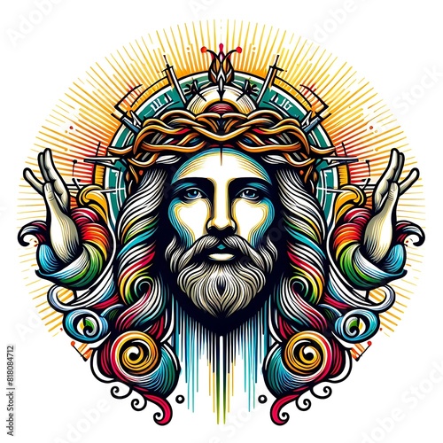 A colorful drawing of a Jesus christ with a crown of thorns has illustrative attractive harmony art © NMoore