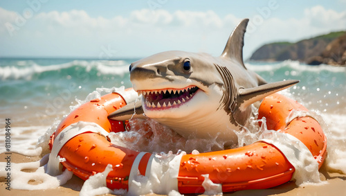 Sharks in the sea concept. Cheerful smiling shark in an orange lifebuoy in sea water and foam on the seashore.

