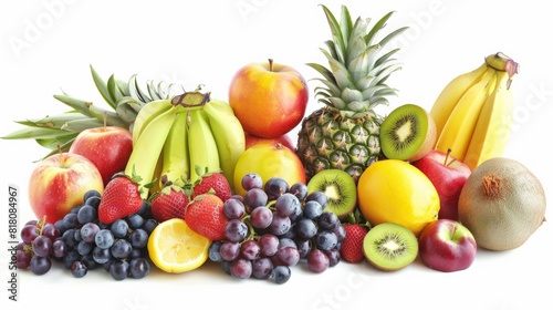 A variety of fruits including apples  bananas  grapes  pineapple  kiwi  and strawberries