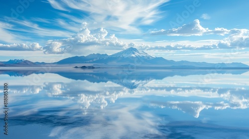 The calmness of the reflection on Salar de Uyuni is a stark contrast to the ruggedness of the surrounding landscape.