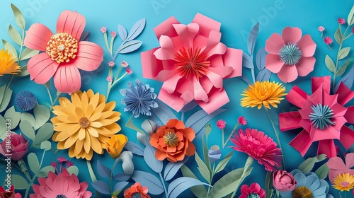 Colorful paper flowers. Generative AI © Roman