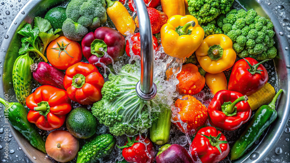 A top-down view of a colorful assortment of vegetables being rinsed under a faucet, with water droplets creating a mesmerizing pattern on their surface.