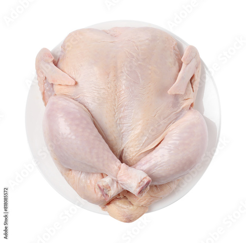 One fresh raw chicken isolated on white, top view