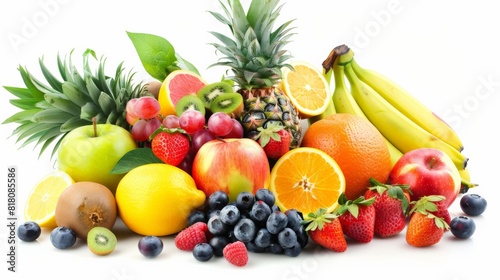 A variety of fruits are arranged together on a white background.