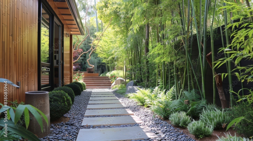 Obraz premium Contemporary home garden featuring a minimalist stone pathway, bamboo accents, and a serene ambiance