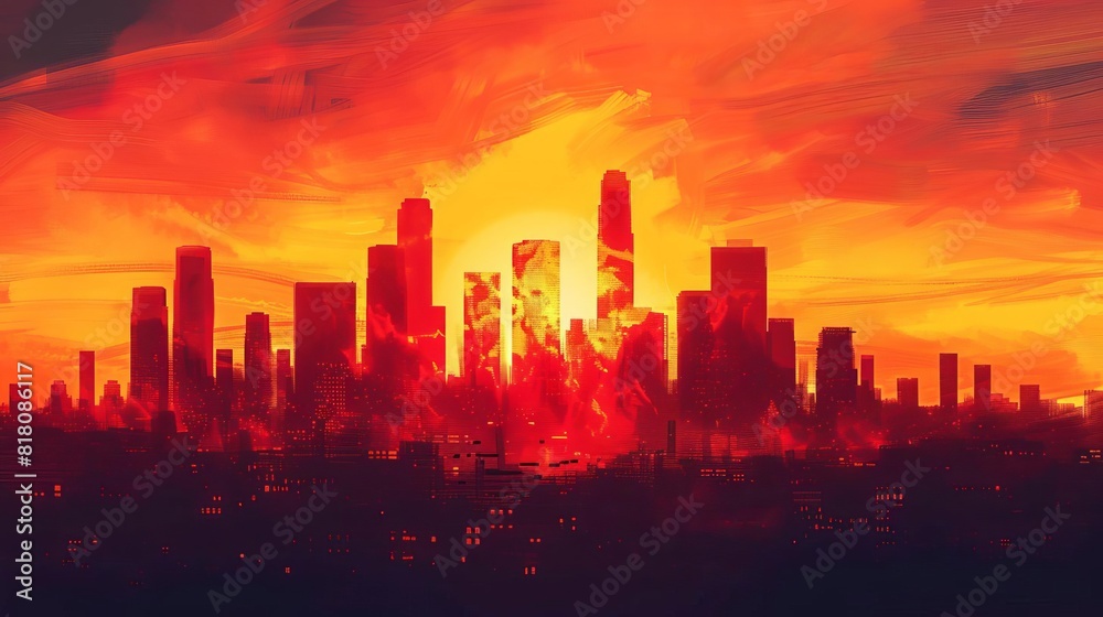 majestic city skyline silhouetted against vibrant sunset sky glowing orange and red hues commercial buildings reaching towards the heavens digital painting majestic city skyline silhouetted against vibrant sunset sky glowing orange and red hues commercial buildings reaching towards the heavens digital painting