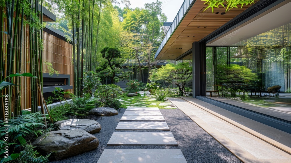 Contemporary home garden featuring a minimalist stone pathway, bamboo accents, and a serene ambiance