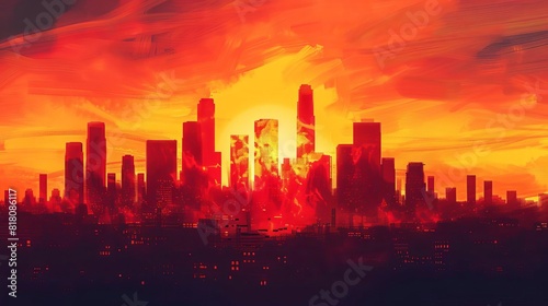 majestic city skyline silhouetted against vibrant sunset sky glowing orange and red hues commercial buildings reaching towards the heavens digital painting