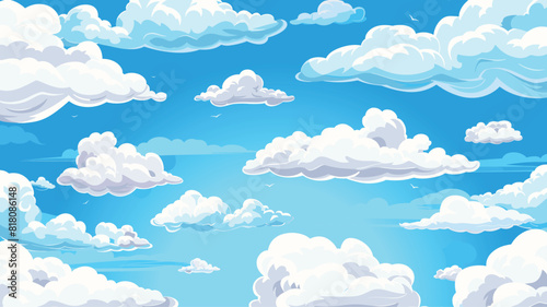 Blue sky with clouds. White fluffy clouds. Sunny day sky scene cartoon vector illustration. Heavens with bright weather, summer season outdoor
