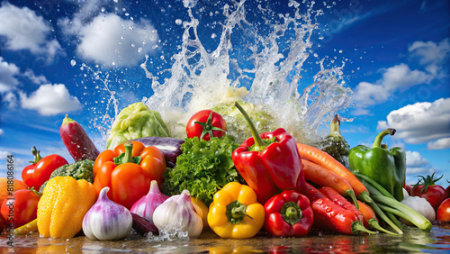 A colorful display of vegetables getting a revitalizing splash under a sunny, cloudless sky  photo