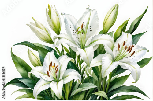 White lilies in watercolor style on a white background.