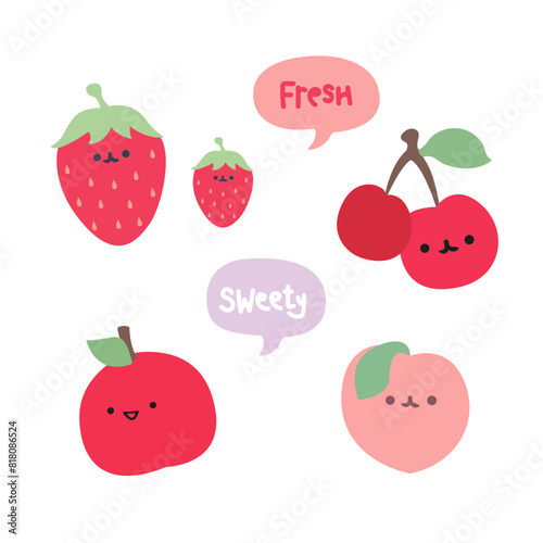 Vector collection of cute red fruits. Flat cartoon fruits characters. Cute cartoon strawberry, cherry, peach. Fresh and sweaty fruits