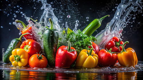 Various vegetables  including tomatoes  cucumbers  and bell peppers  being washed under a stream of water against a dark background  creating mesmerizing splashes.