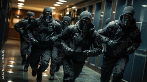 Group of Masked Robbers in Black Outfits Running Inside a Bank During a Heist