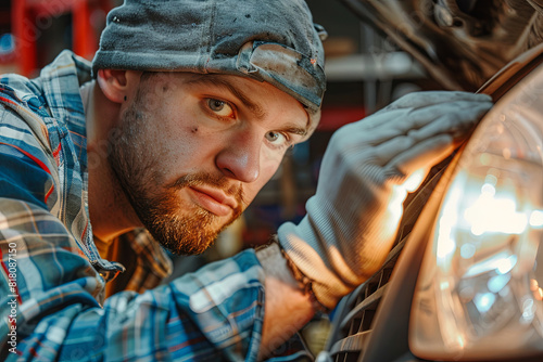 Car service men. Replacing a burnt out lamp in the car headlight  © Fabio