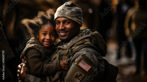Happy Little Daughter Hugging Her Soldier Father in Uniform