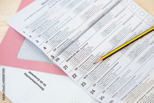 European election ballot paper in German, list of political parties, choosing political representatives, Frankfurt - 16 May 2024