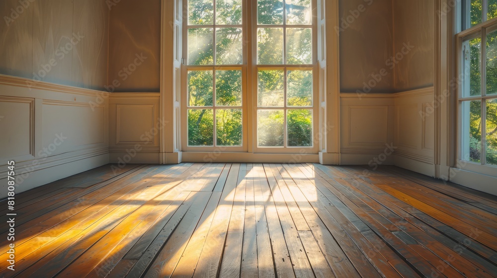 A large room with a lot of windows and a wooden floor A large room with a lot of windows and a wooden floor