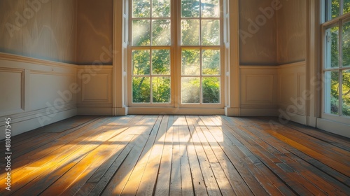 A large room with a lot of windows and a wooden floor