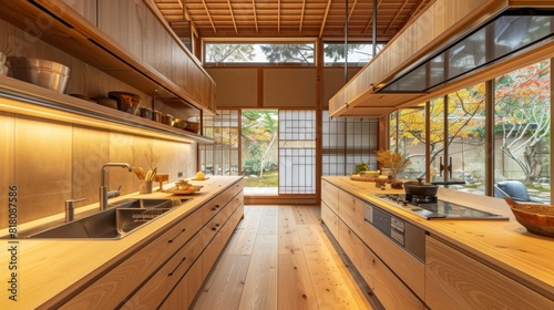 Contemporary Japanese kitchen featuring sleek cabinetry, integrated appliances, and natural wood accents