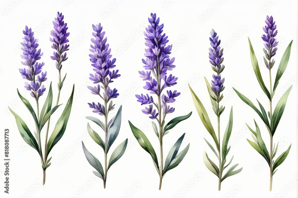 Lavender twigs in watercolor style on a white background.