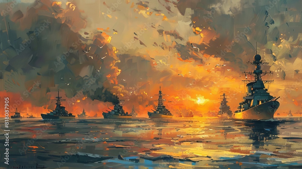 majestic naval fleet at sunset military ships in a tranquil sea bay oil painting landscape