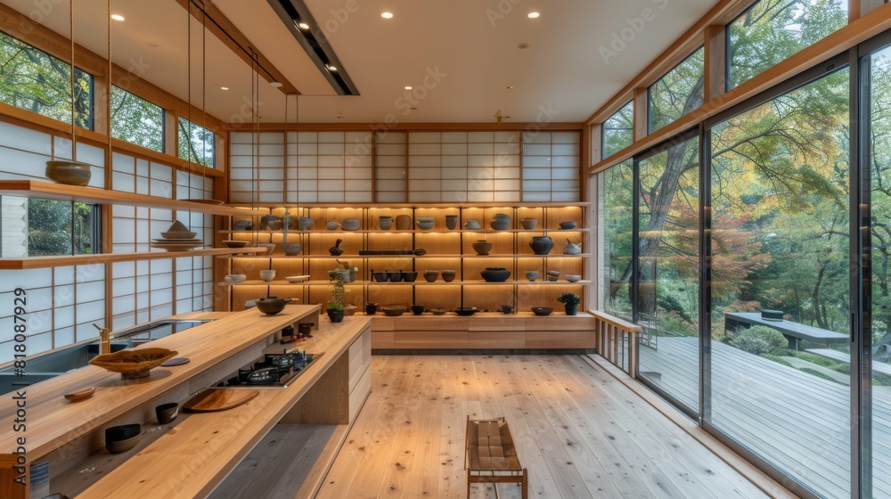 custom made wallpaper toronto digitalContemporary kitchen in a Japanese style, featuring open shelving and a minimalist design