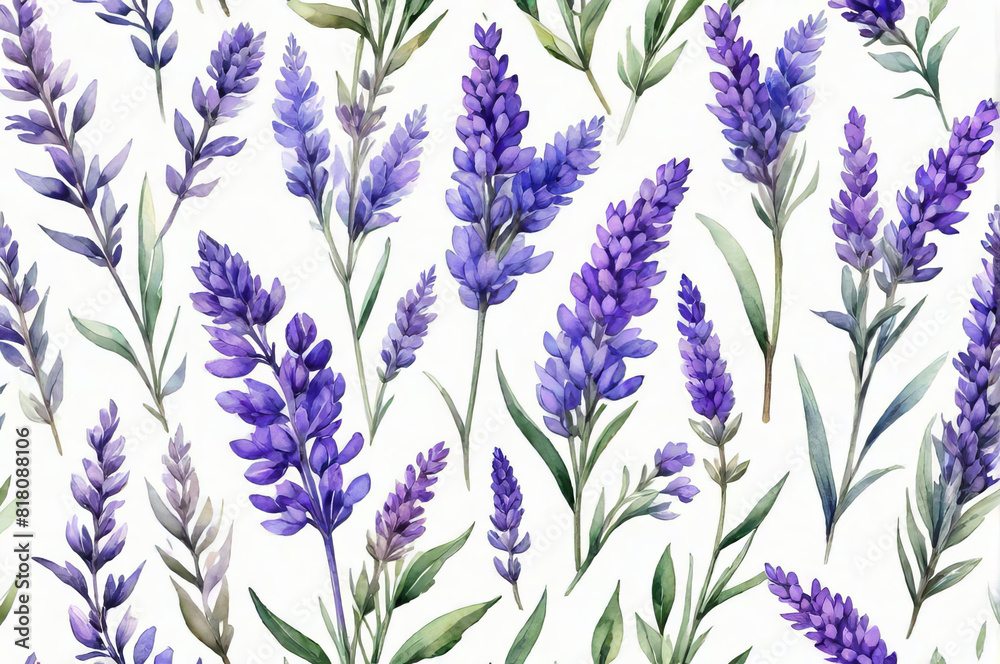 Lavender twigs in watercolor style on a white background. Lavender twigs in watercolor style on a white background.
