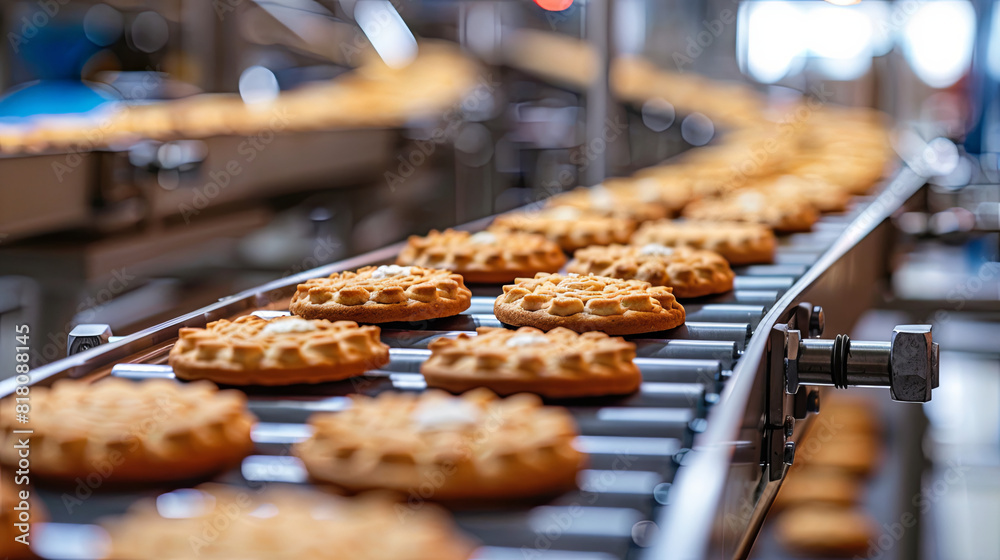 conveyor belt with biscuits in a food factory