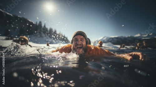 Joyful Overweight Man Swimming in Icy Lake During Winter with Friends Under Sunny Sky © AS Photo Family