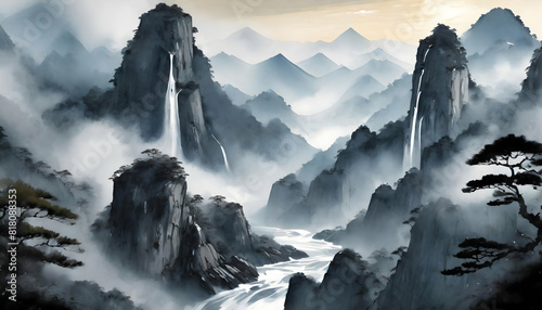 Mountain range landscape painting featuring cliffs, waterfalls, and blue smoke clouds in the Chines, Generative AI.