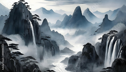 Mountain range landscape painting featuring cliffs, waterfalls, and blue smoke clouds in the Chines, Generative AI.