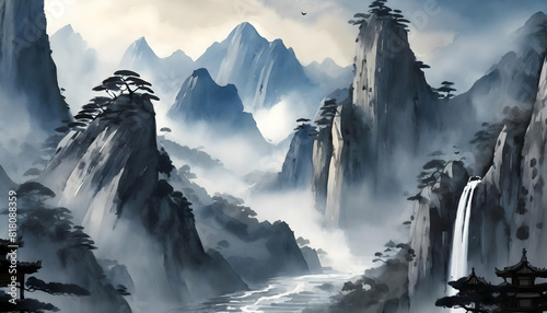 Mountain range landscape painting featuring cliffs, waterfalls, and blue smoke clouds in the Chines, Generative AI. photo