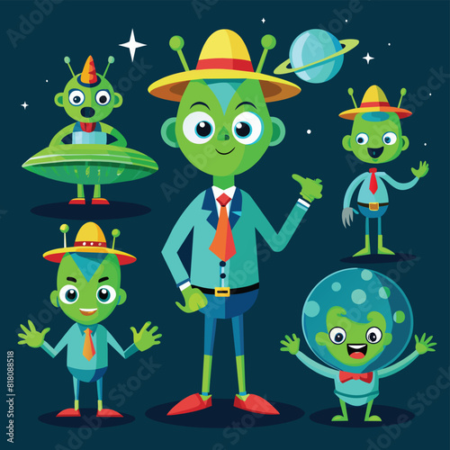 A collection of cartoon aliens with different expressions and clothes