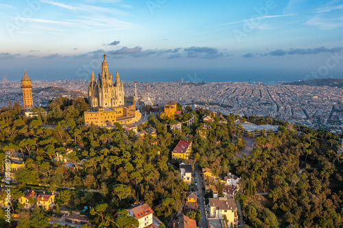 Ancient church on hill in Barcelona. Bird eye view