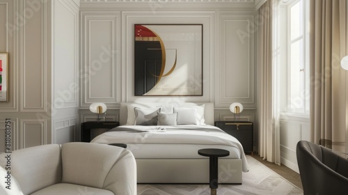 A luxurious hotel room in Paris featuring a king-size bed, modern furniture, abstract art, and large windows that allow natural light to fill the room.