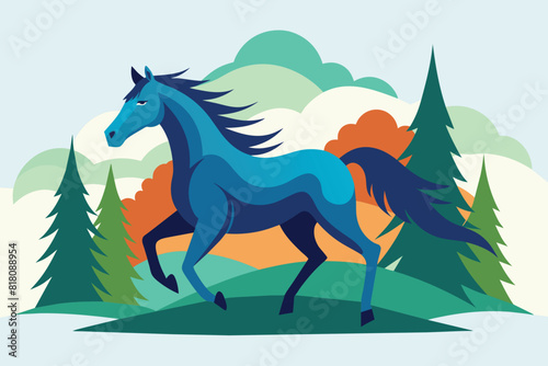 Drawing the silhouette of running horse with forest vector background