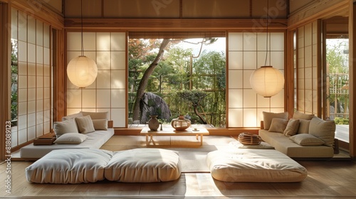 Contemporary living room featuring a tatami mat floor  natural wood furniture  and paper lanterns