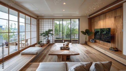 Contemporary living room in a Japanese style  featuring a wooden bench  sliding shoji doors  and a wall-mounted TV