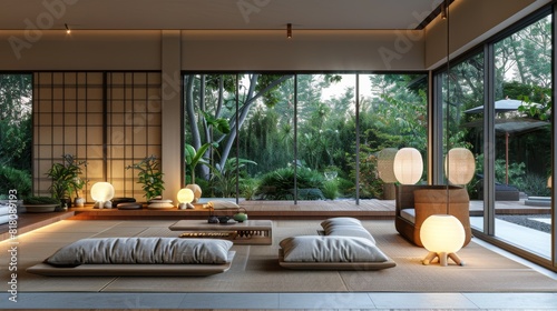 Contemporary living room featuring a tatami mat floor, natural wood furniture, and paper lanterns photo