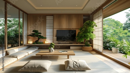 Contemporary living room in a Japanese style  featuring natural wood finishes and a wall-mounted TV