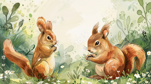 watercolor illustration of squirrel mouther and squirrel baby in the forest photo