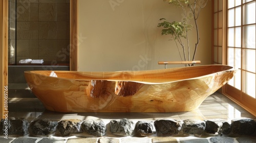Detailed view of a contemporary Japanese bathroom with a hinoki wood bathtub and stone flooring photo