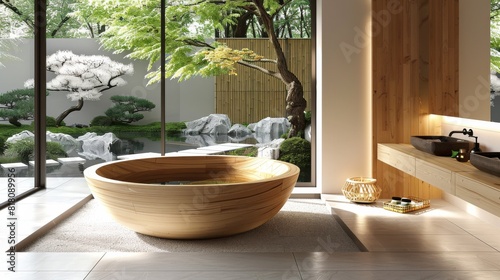 Detailed view of a contemporary Japanese bathroom with a hinoki wood tub  natural stone accents  and minimalist design