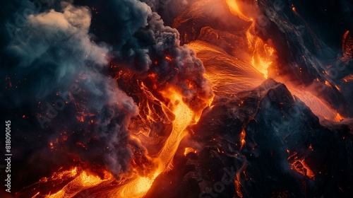 Dramatic Nighttime Volcano Eruption with Flowing Lava and Dark Smoke photo