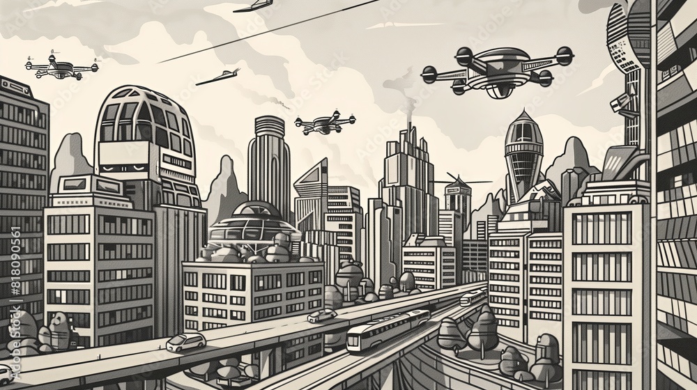 Fototapeta premium Futuristic City With Flying Cars, Skyscrapers, Drones And Modern Highways In A Sci-Fi Urban Metropolis